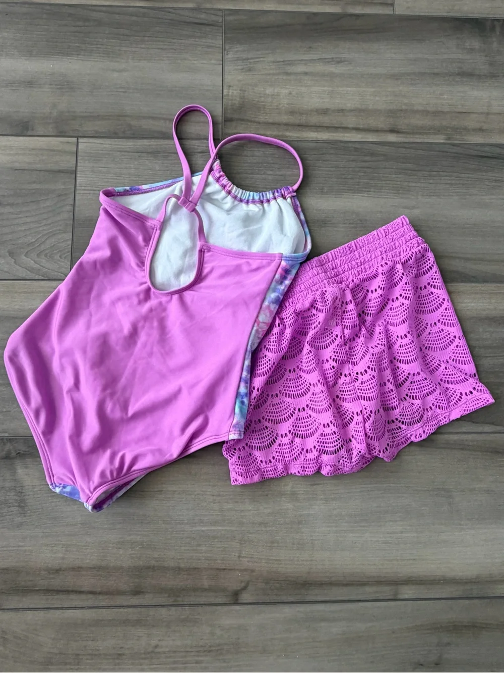 Cat & Jack Purple Pink Tie-Dye Tank One-Piece with Pink Crochet Shorts